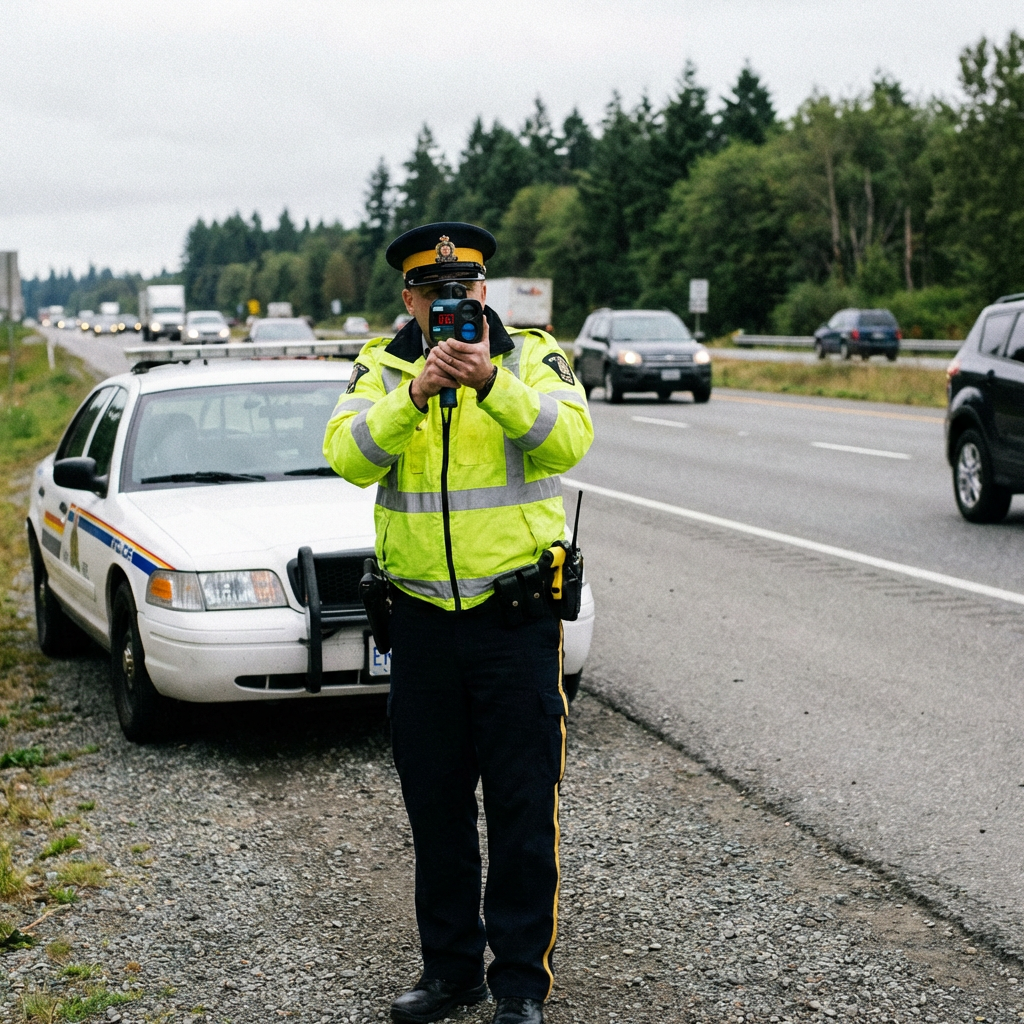 Police officer in high-visibility jacket using a radar gun beside a highway patrol car.