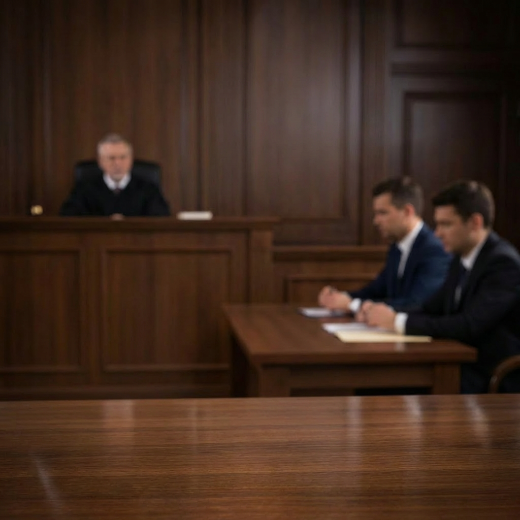 Courtroom scene with a gavel, files labeled MISDEMEANOR CHARGES, and a broken digital chain.